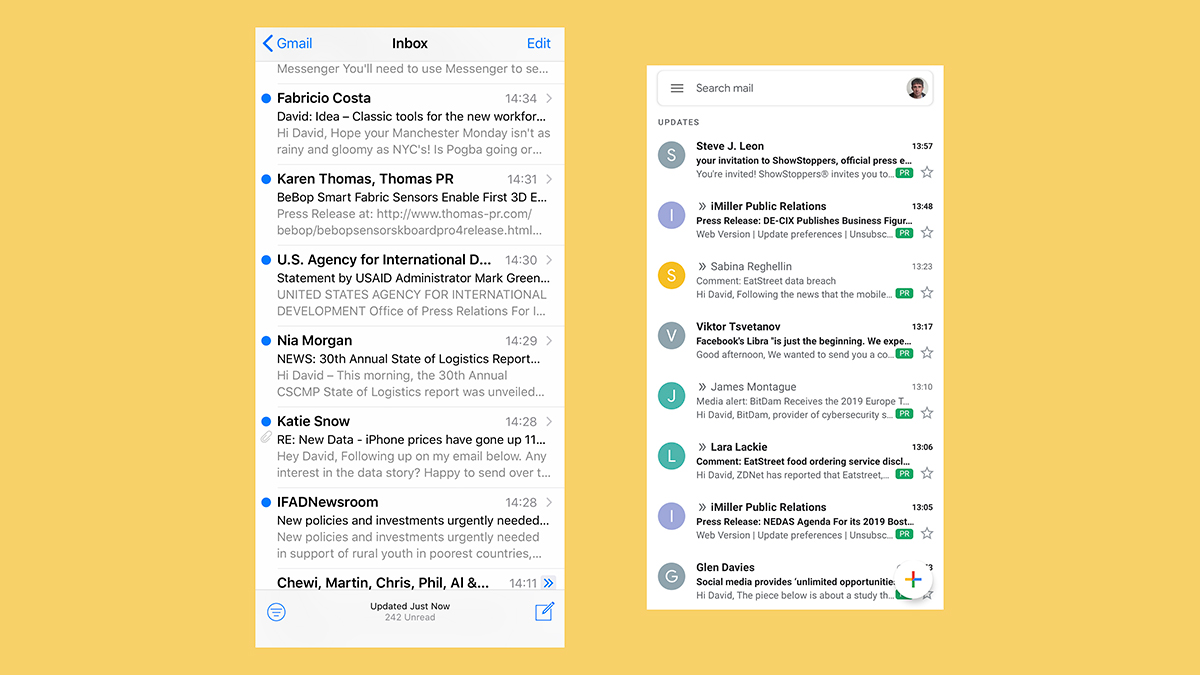 Apple Mail (left) and Gmail (right).